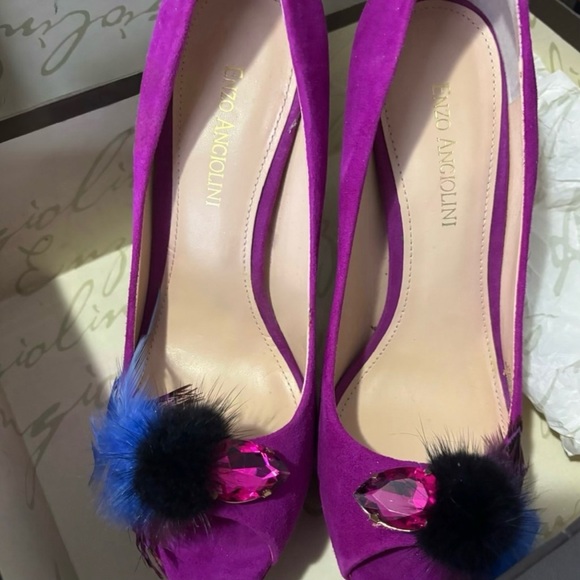 Enzo Angiolini Real Dark Pink Suede & Mink Fur heels. One of a kind Vintage - Picture 3 of 8